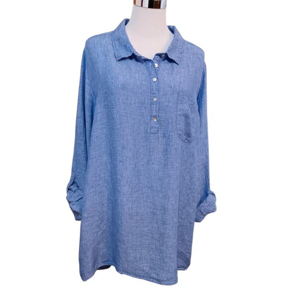 JNY 100% Linen Blouse Top 2X‎ Blue Popover Roll Tab Sleeves Casual Career Office - Picture 8 of 9